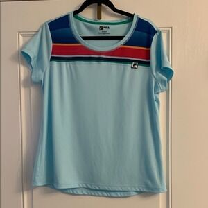 Fila Sport XL Light Blue T-Shirt with Striped Design Workout Athletic Casual B03